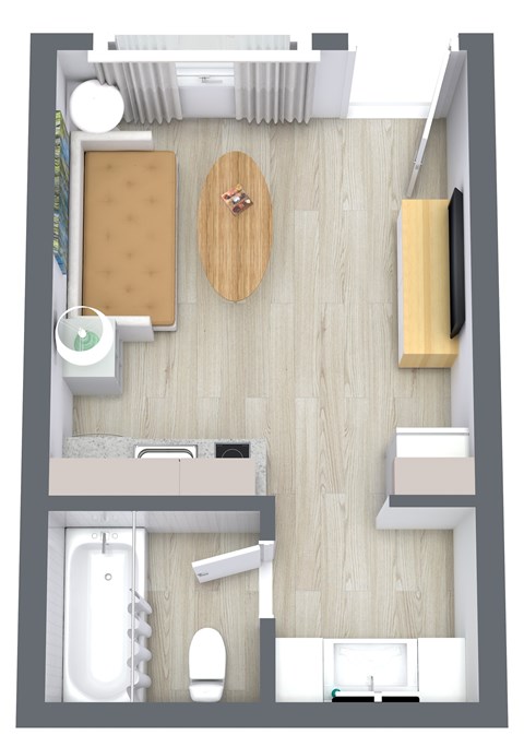 Floor plan for studio, 1 bath, 236 sqft